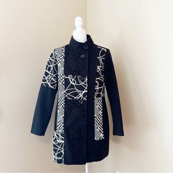Multiples Embroidered Black White Band Collar Jacket Coat - Medium - Picture 1 of 13